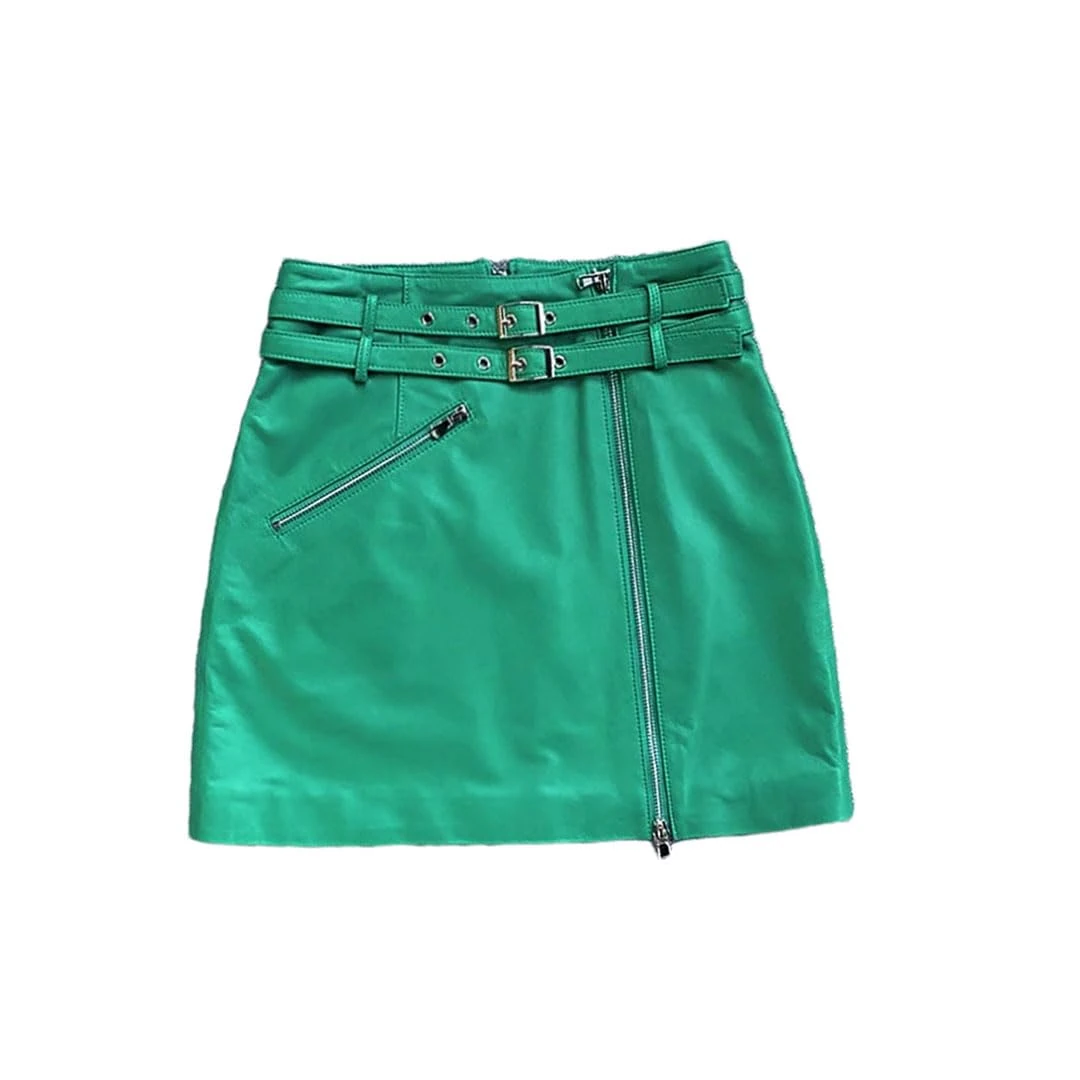 Women's Mini Leather Skirt Double Belt Split Zippers Motorcycle High Street A-Line Skirt Grass EN8 XXL