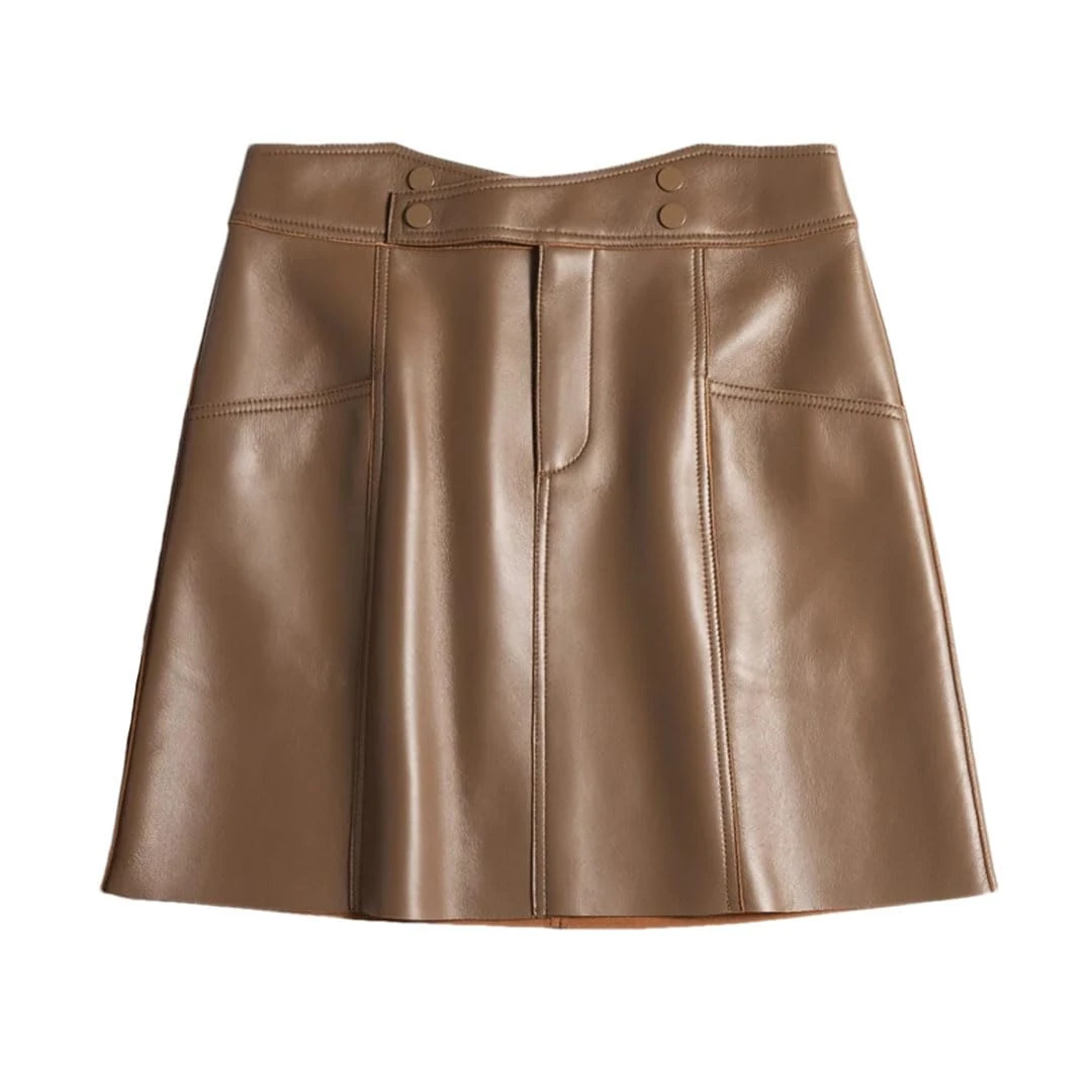 Women Leather Mini Skirts Korean Chic High Cross Waist A-Line Pocket Slim Sexy Streetwear Brown S