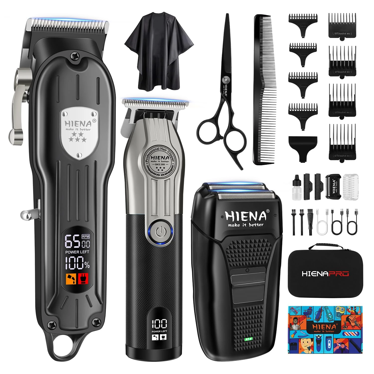 HIENA PRO Professional Hair Clippers Men Cordless Electric Beard Trimmer and Foil Shaver Set Home Hair Cutting Kit Type-C Rechargeable for Barber Clippers with LED Display