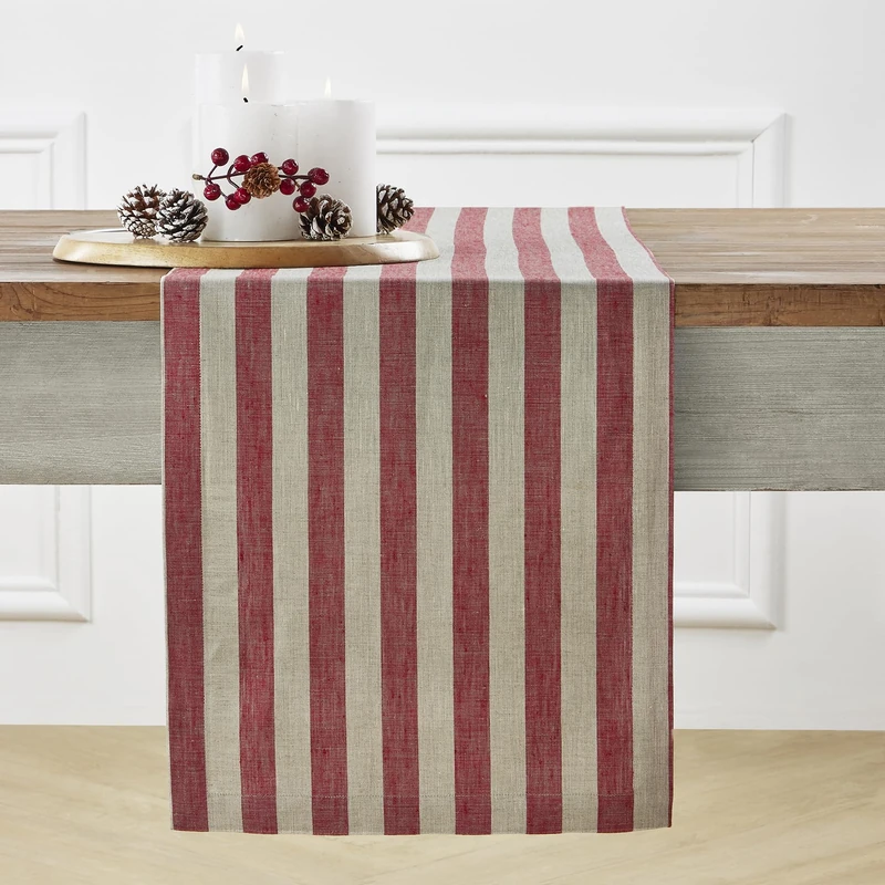 Solino Home Linen Table Runner 90 Inches Long - Sorrento Stripe, 100% Pure Linen Red and Natural Table Runner 14 x 90 Inch for Dining, 4th of July