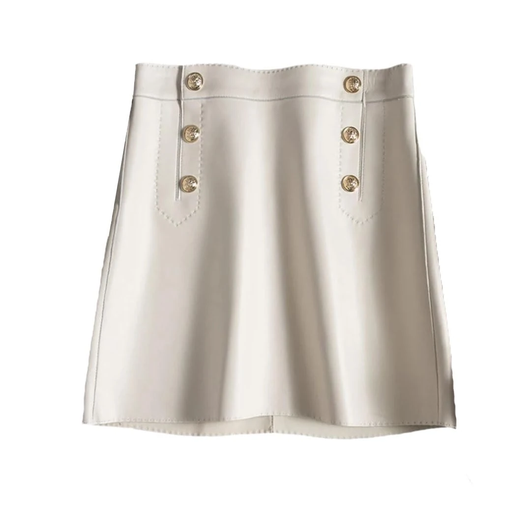 Women Lambskin Mini Skirts High Waist Wrap Leather Khaki Double Breasted Metal Button Short Skirt White XL