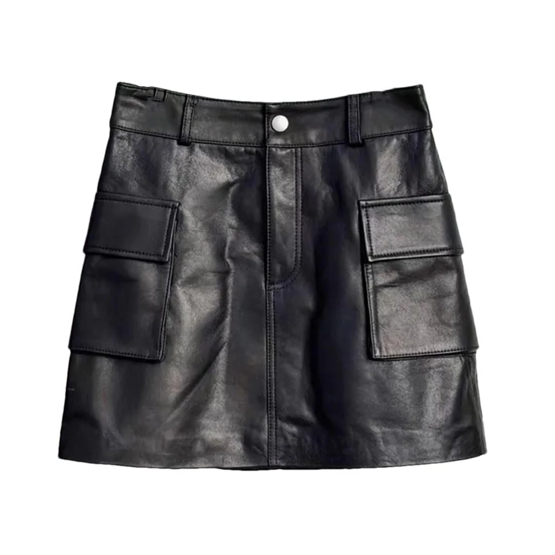 Women's Genuine Leather Skirt for High Waist Side Pocket Slim Look Head Layer Sheepskin A-Line Mini Black XXL