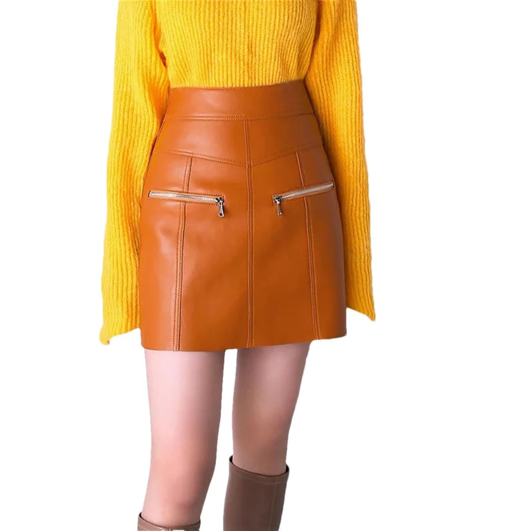 Women Mini Skirts for Female Korean Harajuku Slimming Zipper Locomotive Short Skirt Orange S