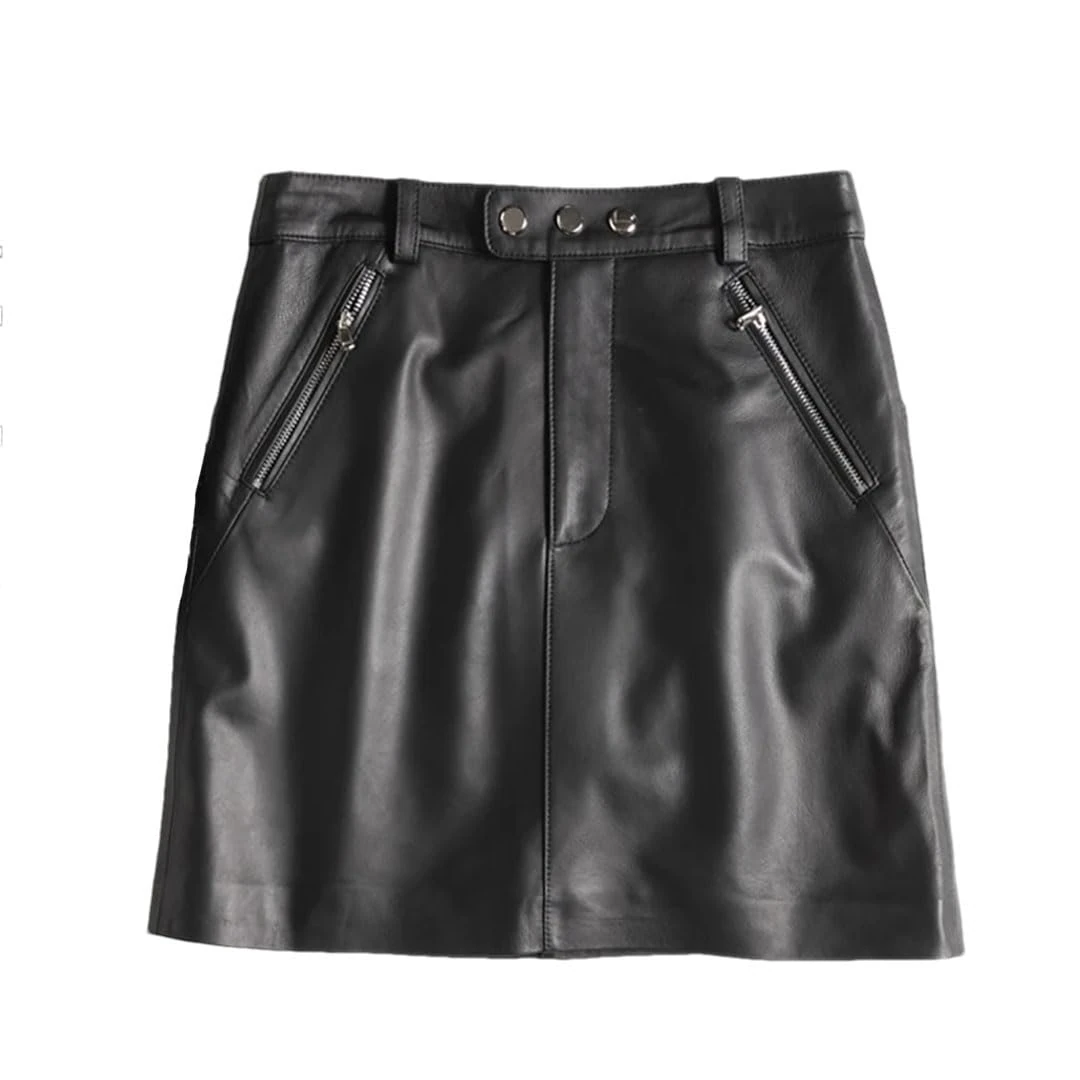 Women Genuine Leather Sexy Mini Skirt High Waist Buttons Retro A-Line Skirt Black L