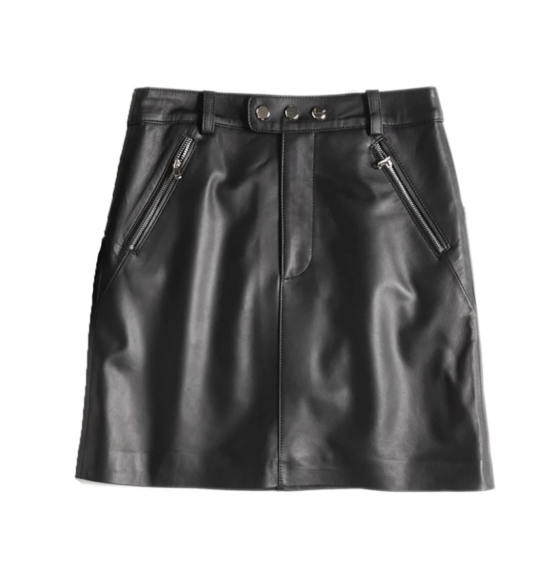 Women Real Sheepskin Leather Short Skirt Pocket A-Line Sexy Mini Solid High Waist Short Skirt Black M