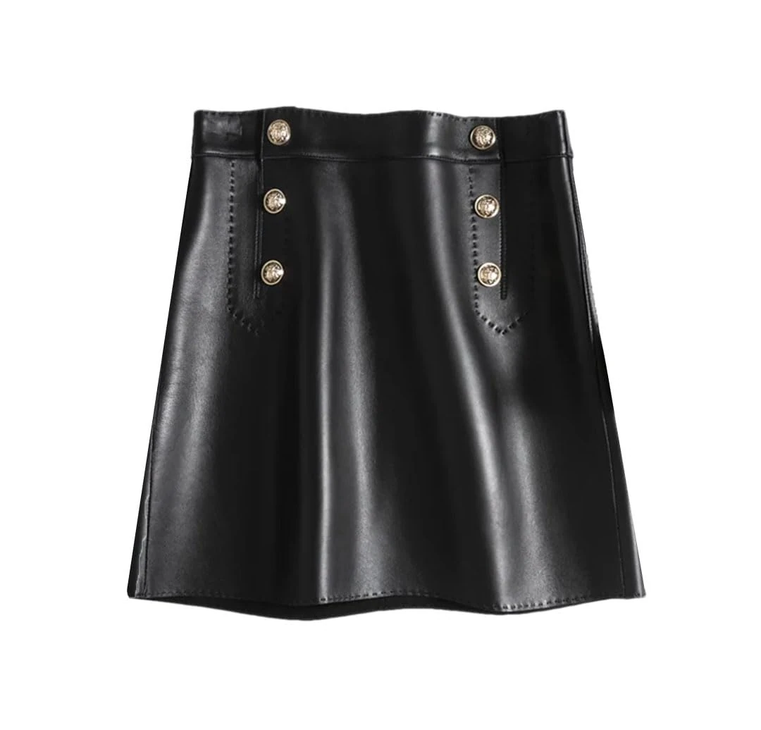 Women Lambskin Mini Skirts High Waist Wrap Leather Khaki Double Breasted Metal Button Short Skirt Black XL