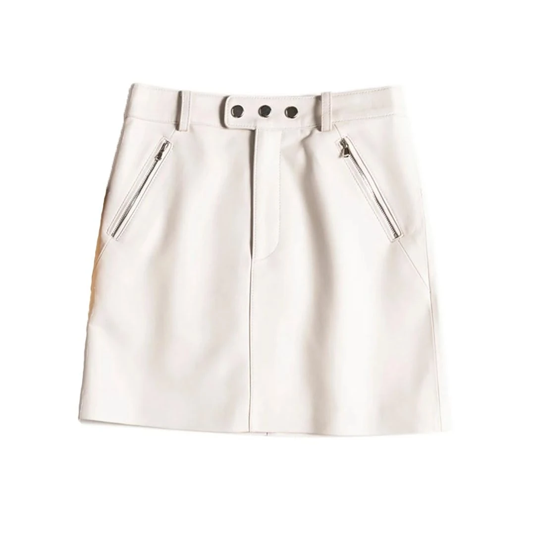 Women Real Sheepskin Leather Short Skirt Pocket A-Line Sexy Mini Solid High Waist Short Skirt White M