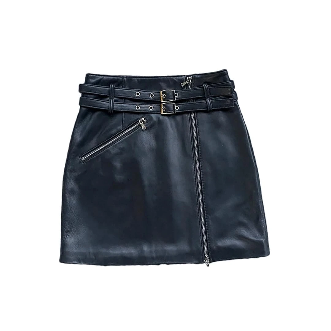 Women's Mini Leather Skirt Double Belt Split Zippers Motorcycle High Street A-Line Skirt Black XXL