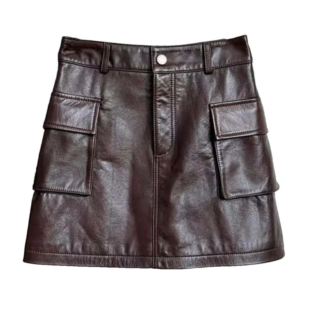 Women's Genuine Leather Skirt for High Waist Side Pocket Slim Look Head Layer Sheepskin A-Line Mini Brown XXL