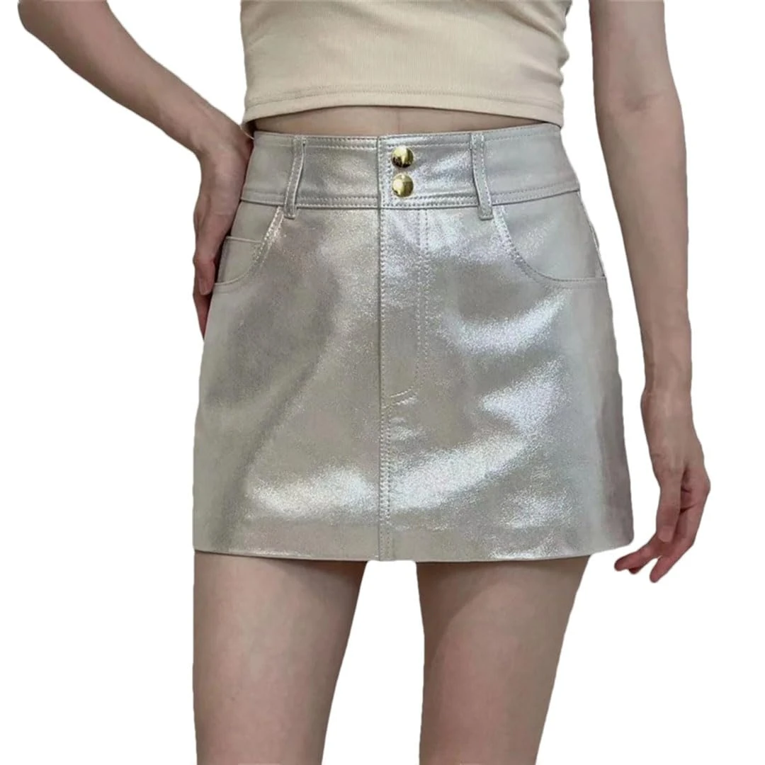 Women Golden Slimming Buttocks Mini Skirts Silver XL