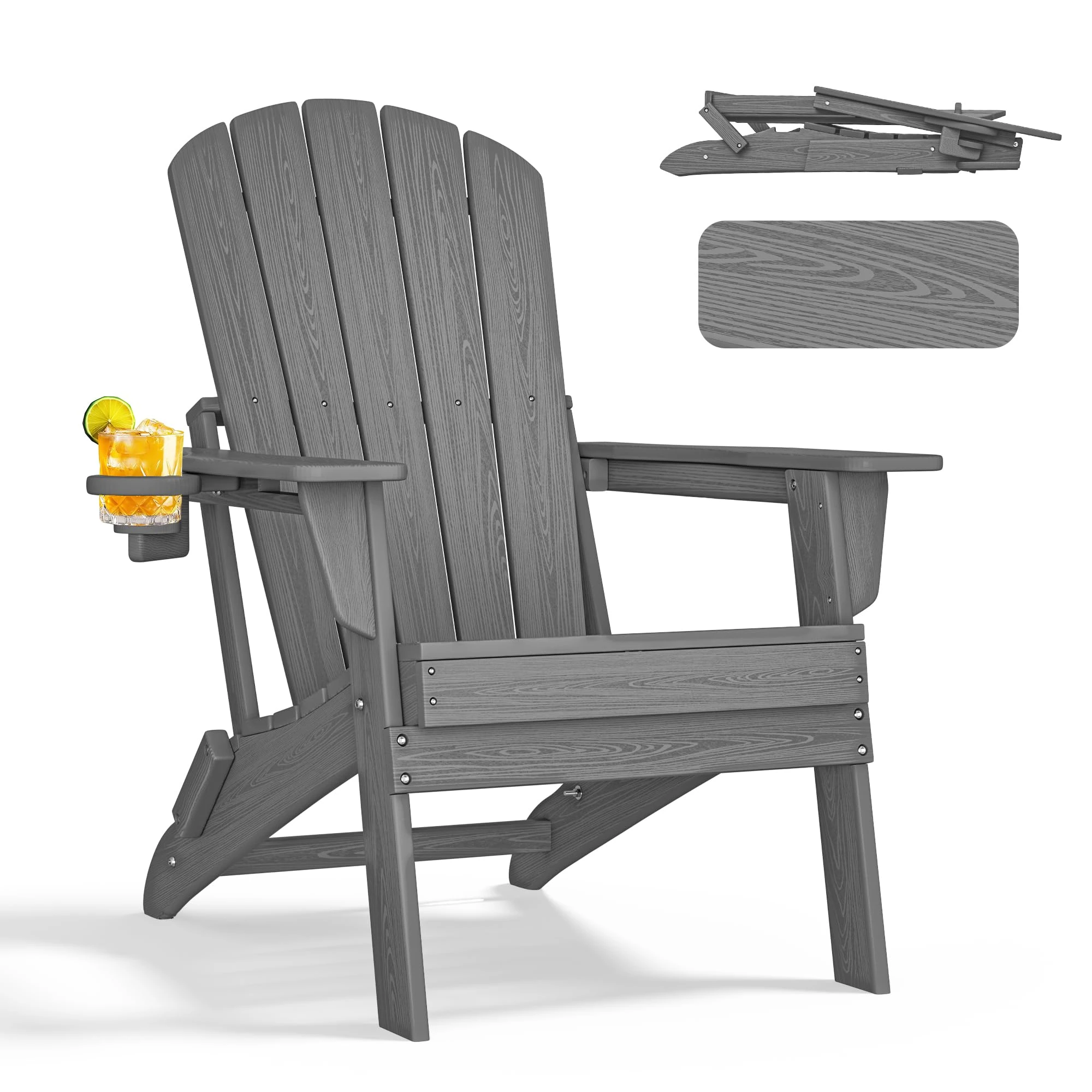 nevilywood Folding Adirondack Chair - Extended Ergonomic Backrest, Cup Holder - Easy Assembly - Durable HDPE Plastic, Weather Resistant & Maintenance-Free - Lawn, Patio, Deck Supports 400lbs Grey
