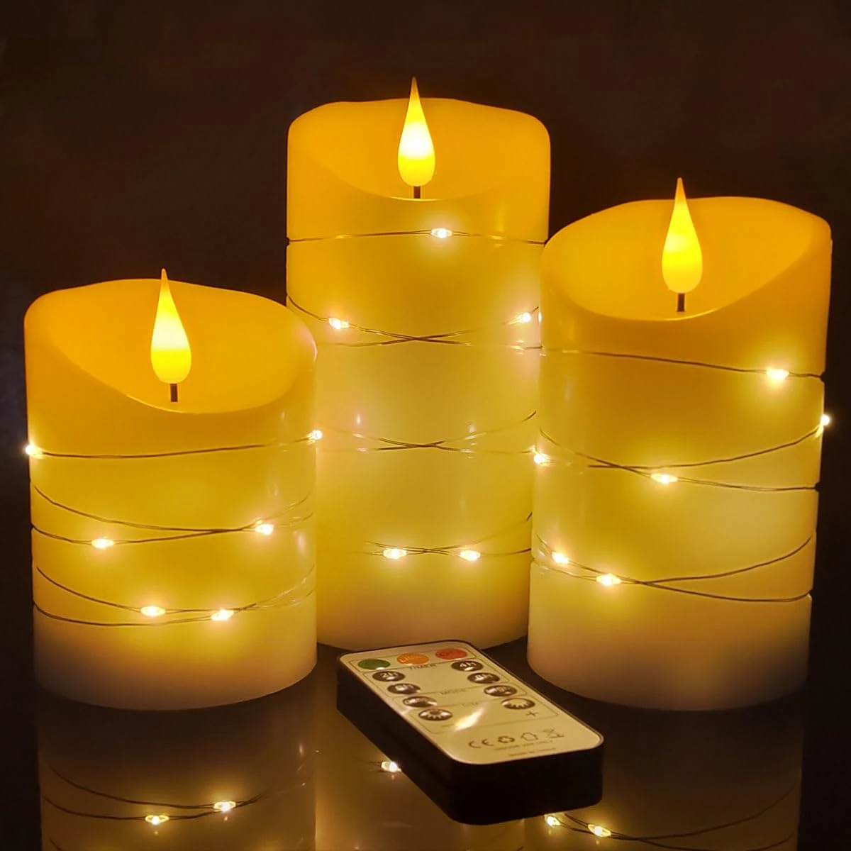 Jialine LED Candles with Embedded Fairy String Lights Battery Operated,Flickering flameless Candles with 10 Key Remote Control and 24-Hour Timer, 4" 5" 6" Real Wax, Ivory Red
