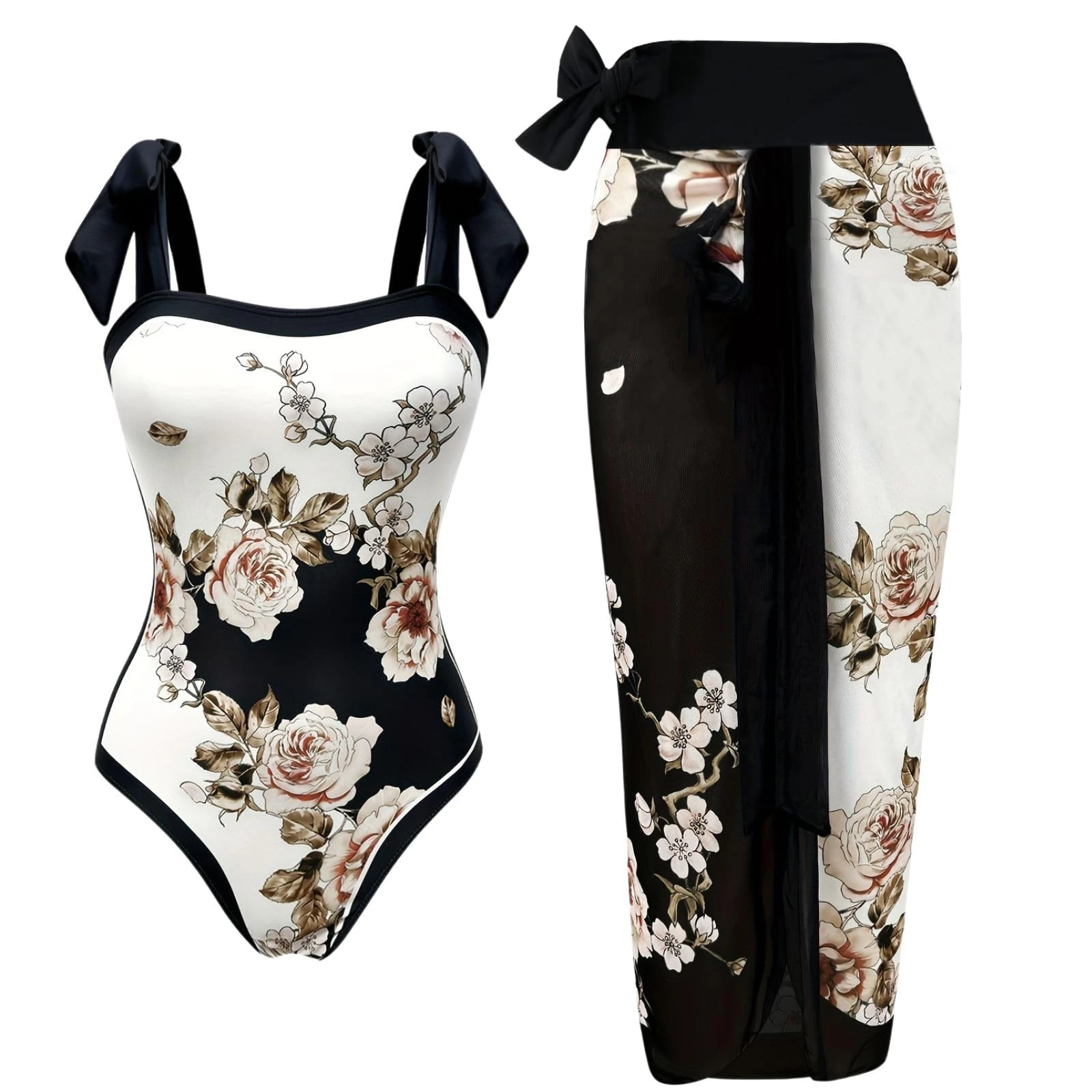 Xumplo Women's Swimming Costume 2 Piece Swimwear Floral Adjustable Bow-Tie Shoulders Matching Cover Up Skirt Swimsuits Bathing Suit-S Black