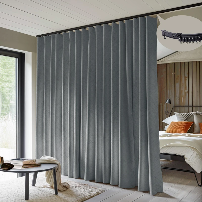 MaKefeile Room Divider Curtains with Flexible Ceiling Curtain Tracks Set,100% Blackout Floor to Ceiling Curtains Patio Sliding Door Curtains (Dark Grey Drape & Black Rail W 12.5 × H 7 FT)