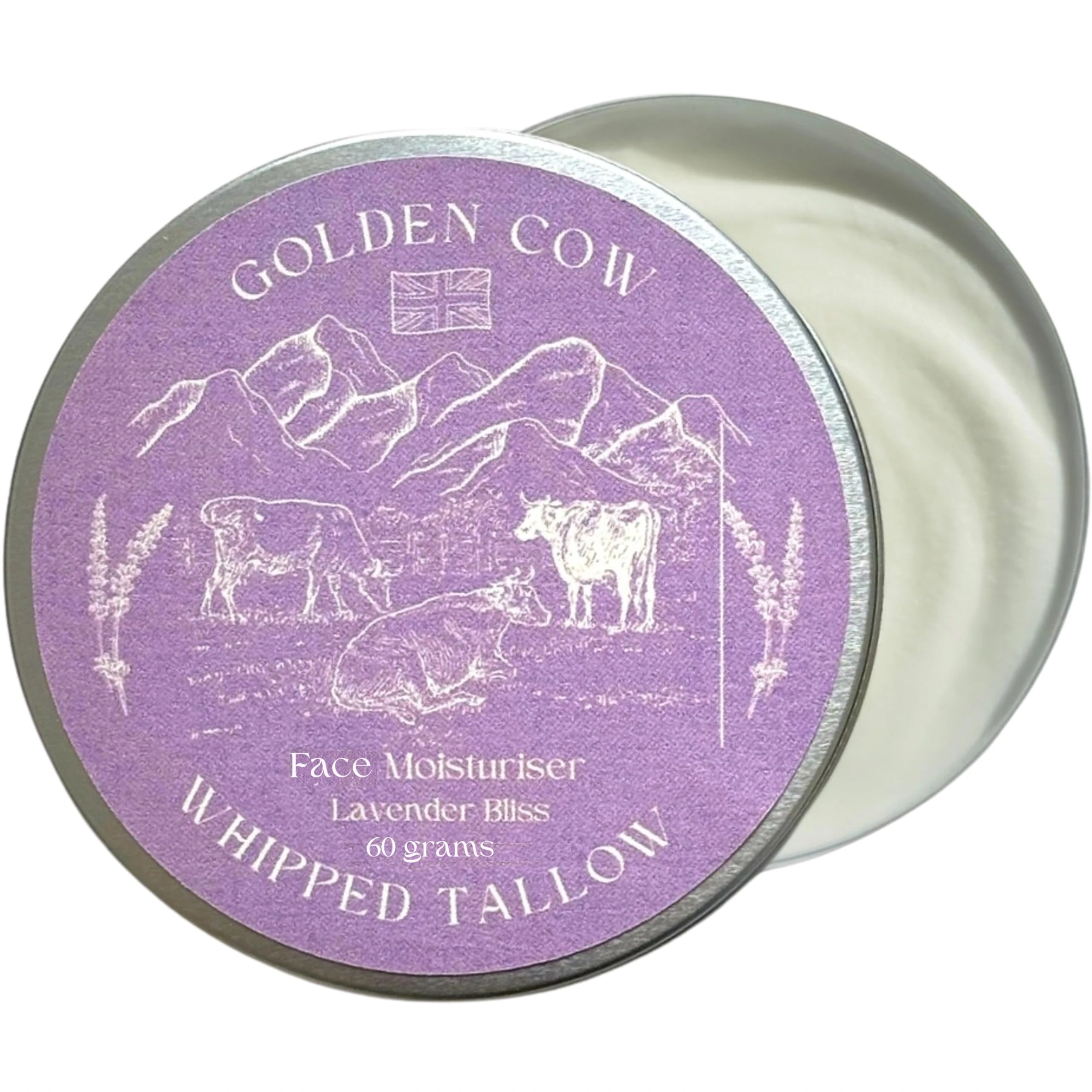 Beef Tallow Whipped Balm – Grass Fed Beef Tallow Face Cream & Moisturiser - Lavender Scented 60g Golden Cow Hydrating Whipped Balm for Dry Skin - Natural Skin care for Face & Body by Forticare