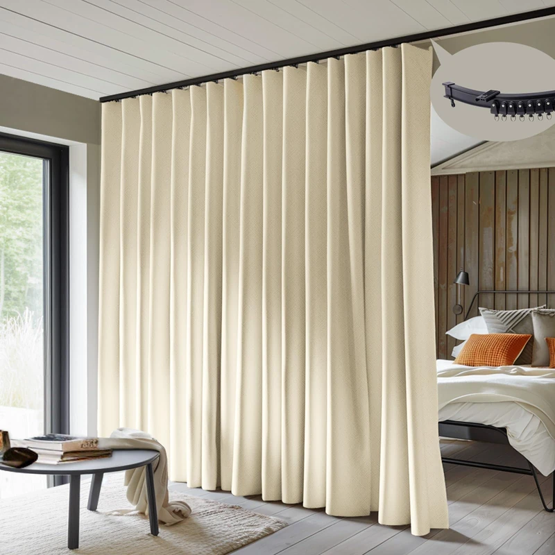 MaKefeile Room Divider Curtains with Flexible Ceiling Tracks Set,Blackout Curtain Ceiling Mount Curtain Track Privacy Room Dividers Ceiling Track Curtain Rod(Beige Drape & Black Rail W 12.5 × H 8 FT)