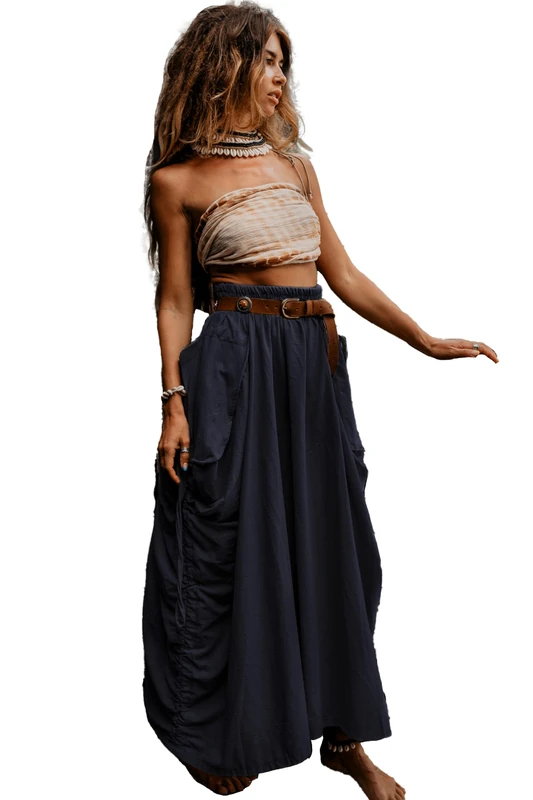 Thaluta Women's Maxi Boho Skirt with Pockets Bohemian Organic Cotton Hippie Gypsy, Navy, One Size