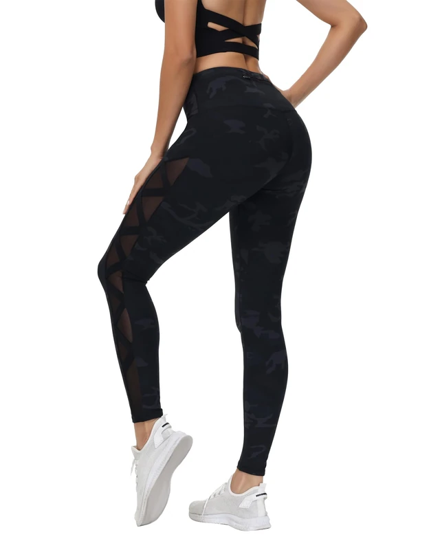 romansong Women's Mesh Leggings Yoga Pants with Pocket, Non See-Through Capri High Waisted Tummy Control 4 Way Stretch, Deep Grey Camo, M