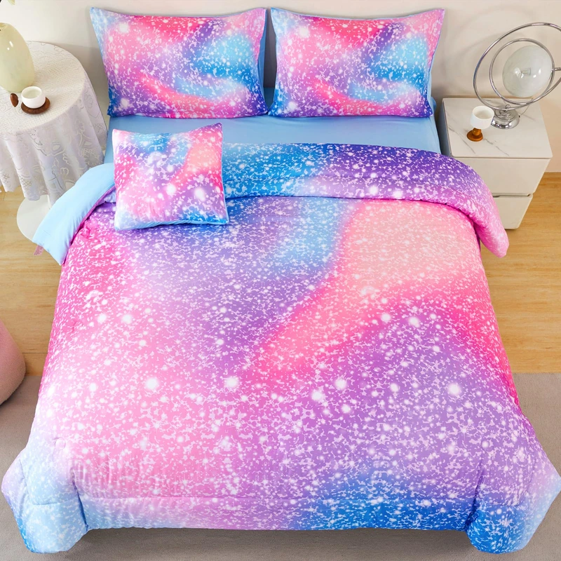 RYNGHIPY 6Pcs Girls Bedding Set Queen Size Colorful Rainbow Comforter Set for Kids Teens Girls Glitter Bedding Set Lightweight Fluffy
