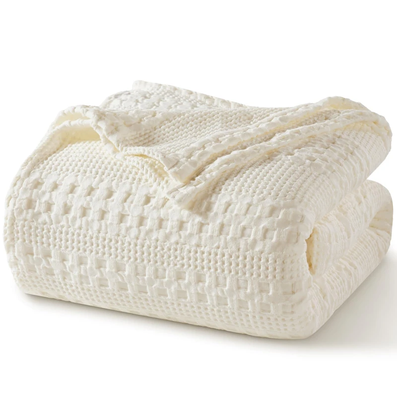 PHF 100% Cotton Waffle Weave Blanket Queen Size for Bed, Soft Lightweight & Breathable, All-Season Comfort, Luxury Aesthetic Christmas Blanket for Home Decor, 90"x90", Ivory
