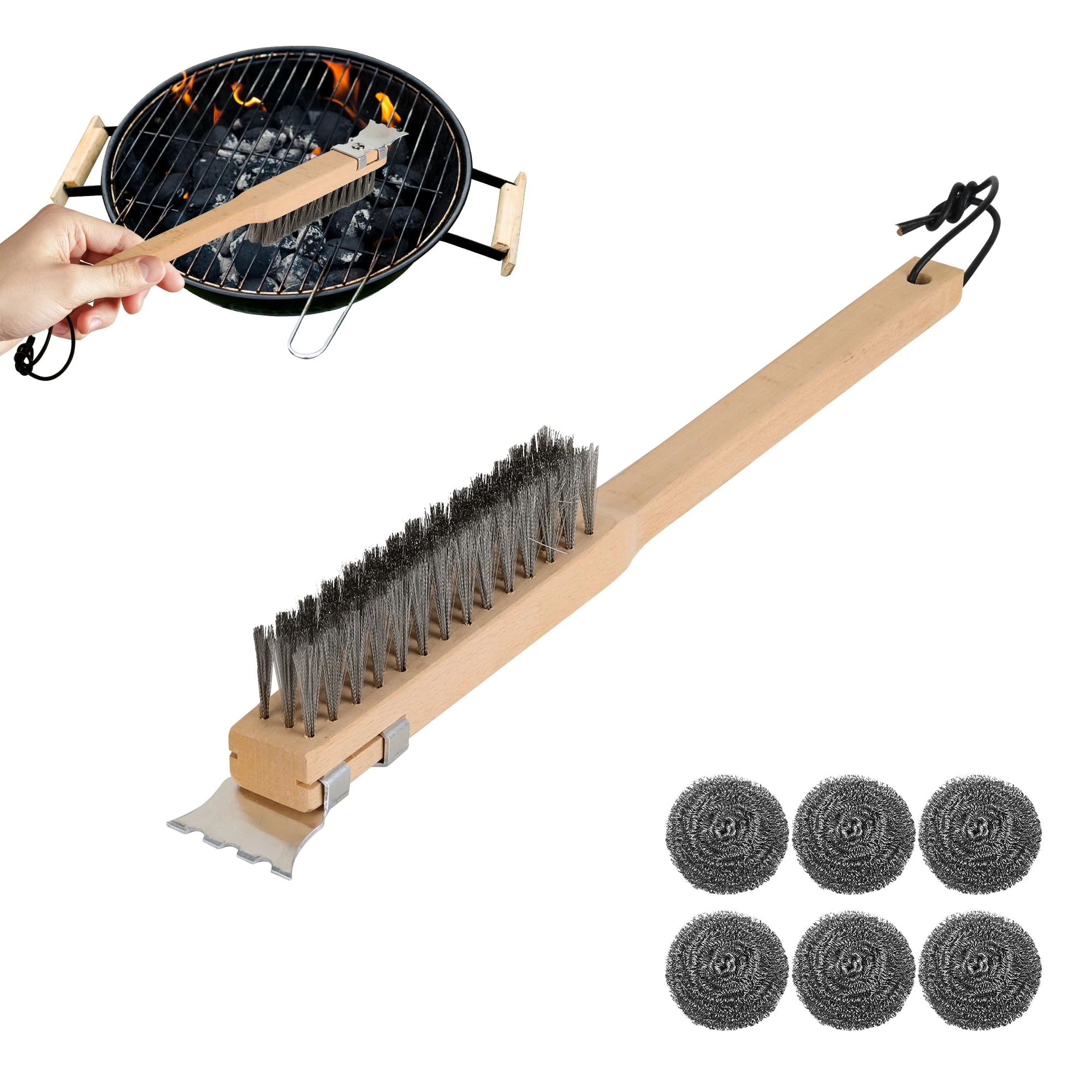 YKUKIZEE 40 cm Pizza Oven Brush with Scraper, Pizza Stone Brush with Wooden Handle, 16 inch Pizza Oven Cleaning Brush for BBQ Barbecue Grill Outdoor Kitchen