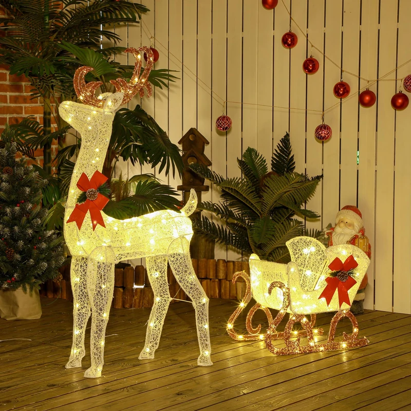 Outsunny Light Up Reindeer and Sleigh Christmas Decoration Outdoor White