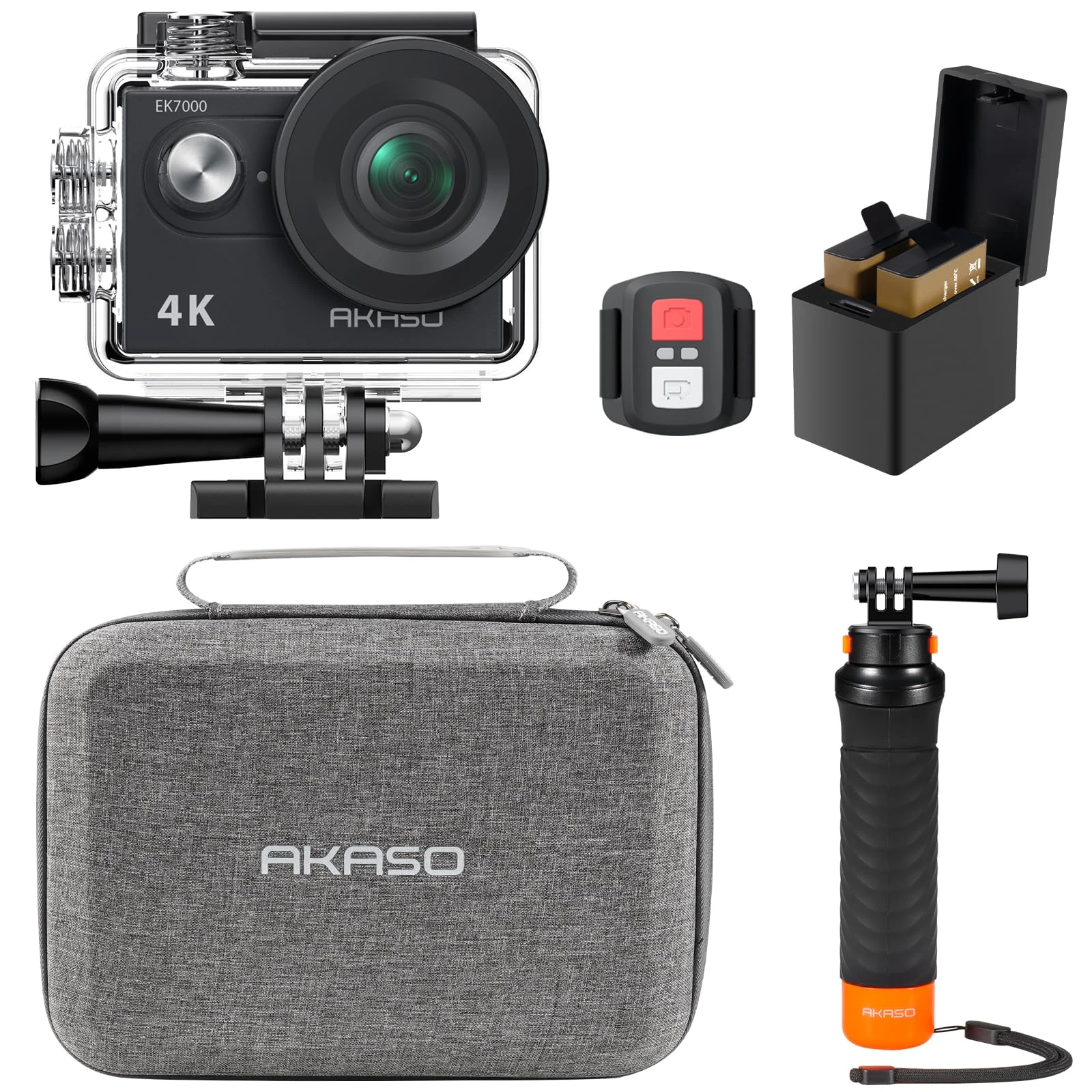 AKASO EK7000 Action Camera Floating Hand Grip Bundle - Includes 4K30FPS EK7000 Underwater Camera, Floating Hand Grip, 2 Batteries, Carrying Case, and Accessory Kits