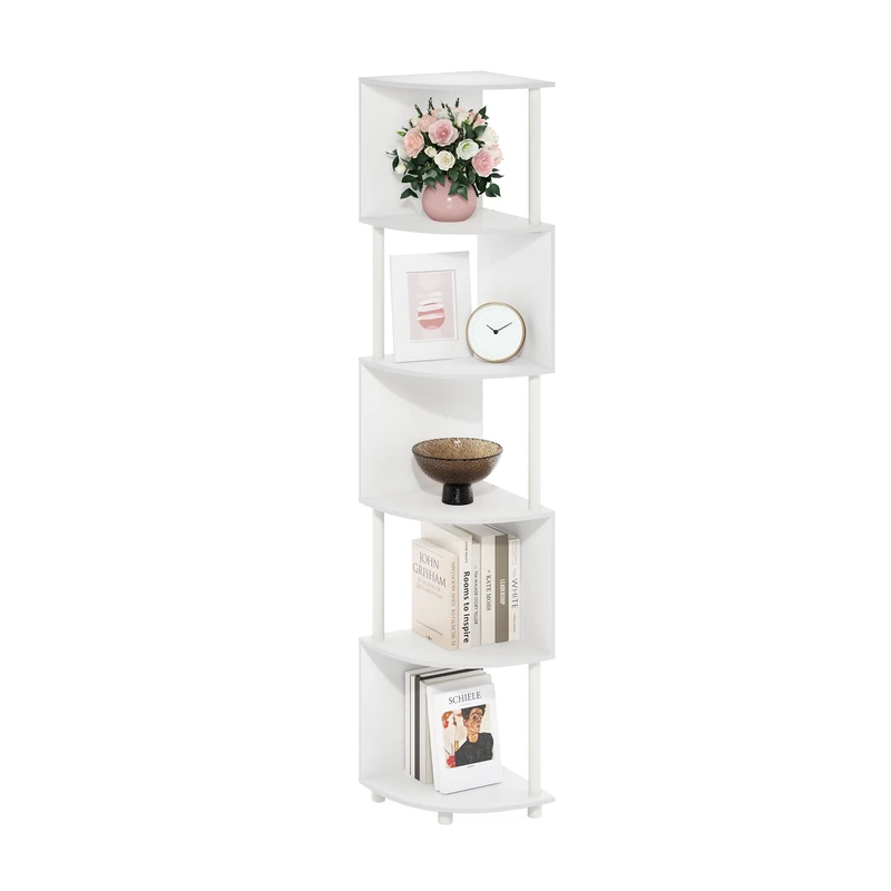 Furinno ECON Corner Shelf, 5-Tier Corner Book Shelf, Zigzag Storage Shelves, Display Rack, Bookshelf, for Organization and Storage, Living Room, Home Office, White