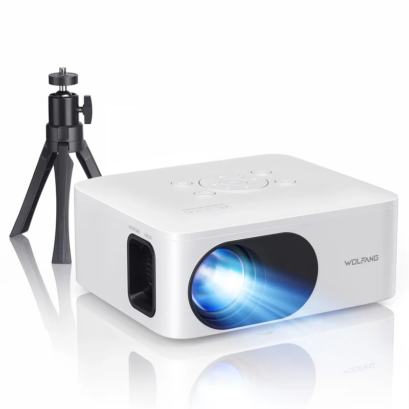 WOLFANG Mini Projector with Tripod, 1080P Full HD Portable Phone Projector, Outdoor Home Theater Movie Projector Compatible with HDMI, USB, Smartphone, Tablet, PC, TV Stick, AV, Micro SD Card
