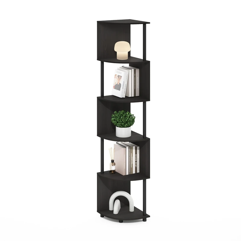 Furinno ECON Corner Shelf, 5-Tier Corner Book Shelf, Zigzag Storage Shelves, Display Rack, Bookshelf, for Organization and Storage, Living Room, Home Office, Espresso