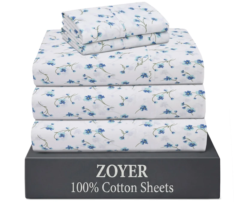 ZOYER 100% Cotton Sheets - Cooling & Crisp Split King Percale Sheets, 16" Deep Pockets Bed Set, Lightweight & Breathable, Durable, 5 Pieces, La Laa Flower