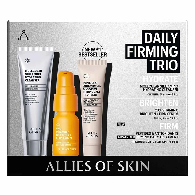 Allies Of Skin Daily Firming Trio 3-Step Regime Hydrating Cleanser 25 ml / 0.84 oz & 20% Vitamin C Serum 8 ml / 0.27 oz & Advanced Daily Treatment 12 ml / 0.41 oz