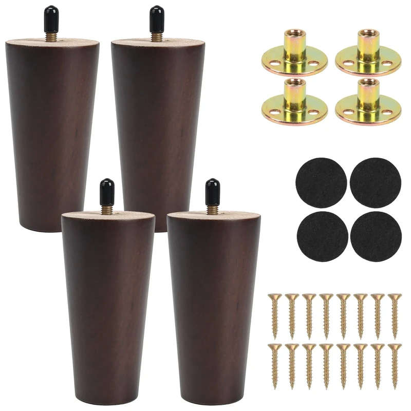 Zythrem 4Pcs Wooden Furniture Legs 12cm/4.72" Walnut Sofa Legs Chair Table Leg Wooden Replacement Furniture Feet with Rubber Protection Pads & Pre-Drilled M8 Screws for Bed Couch Cabinet Footstool