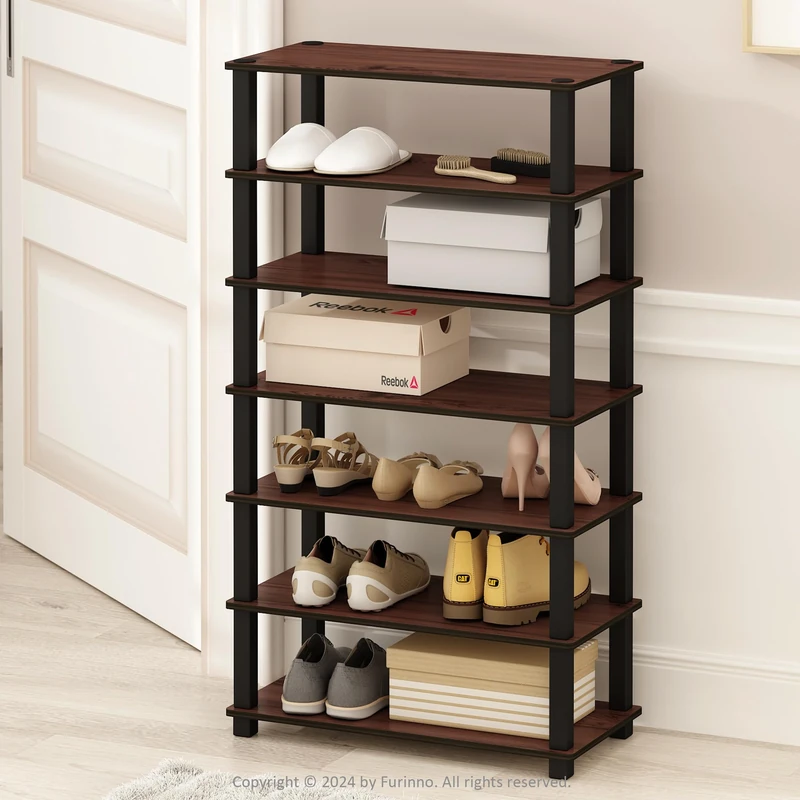Furinno TURN-S-TUBE Set of 2 Shoe Rack, 4-Tier Shoe Organizer, Shoe Storage with Multipurpose, 29.46 x 59.94 x 56.64 cm, for Closet Entryway, Office, Garage, Dark Cherry/Black, Set of 2