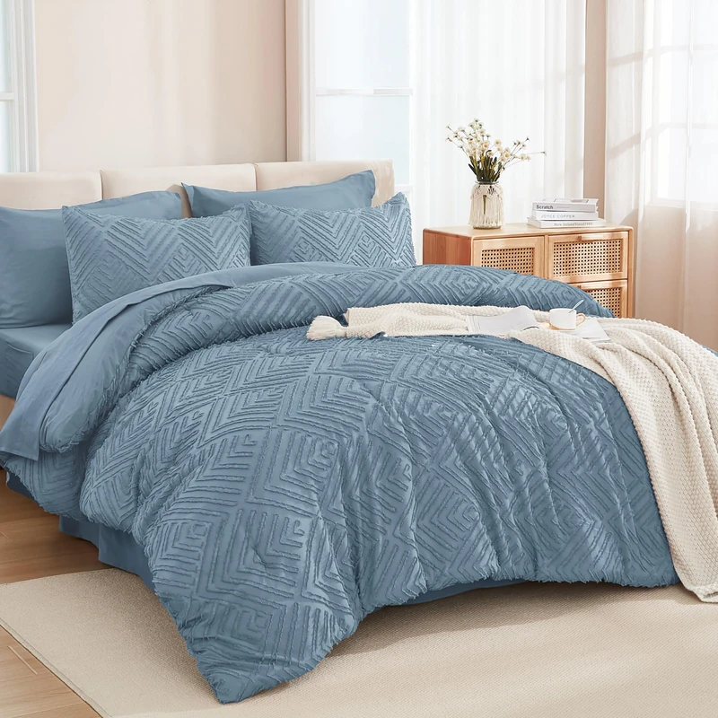 Andency King Size Comforter Set, Grayish Blue, 7 Pieces