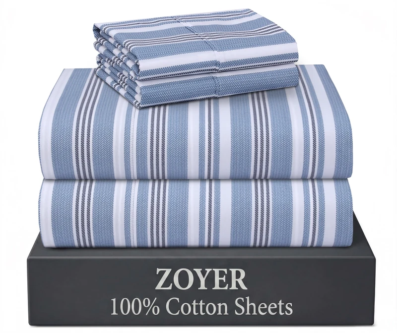 ZOYER 100% Cotton Sheets – King Size Percale Bedding, Cooling & Breathable, Durable with a Crisp, Soft & Comfortable Feel, 16" Deep Pocket, 4-Piece Set, Nautica Herringbone