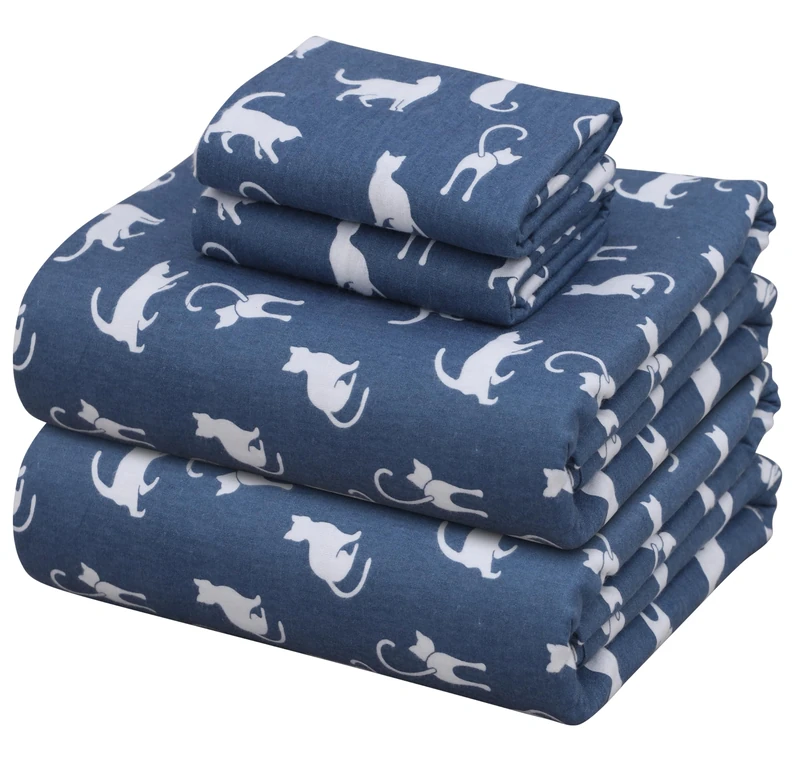 ZOYER Flannel Sheets California King Size - Soft & Comfy Deep Pocket Cotton Flannel Bedding, Fitted Up to 16", Double Brushed Cal King Bed Sheets Set, 4 Pieces, White Cat