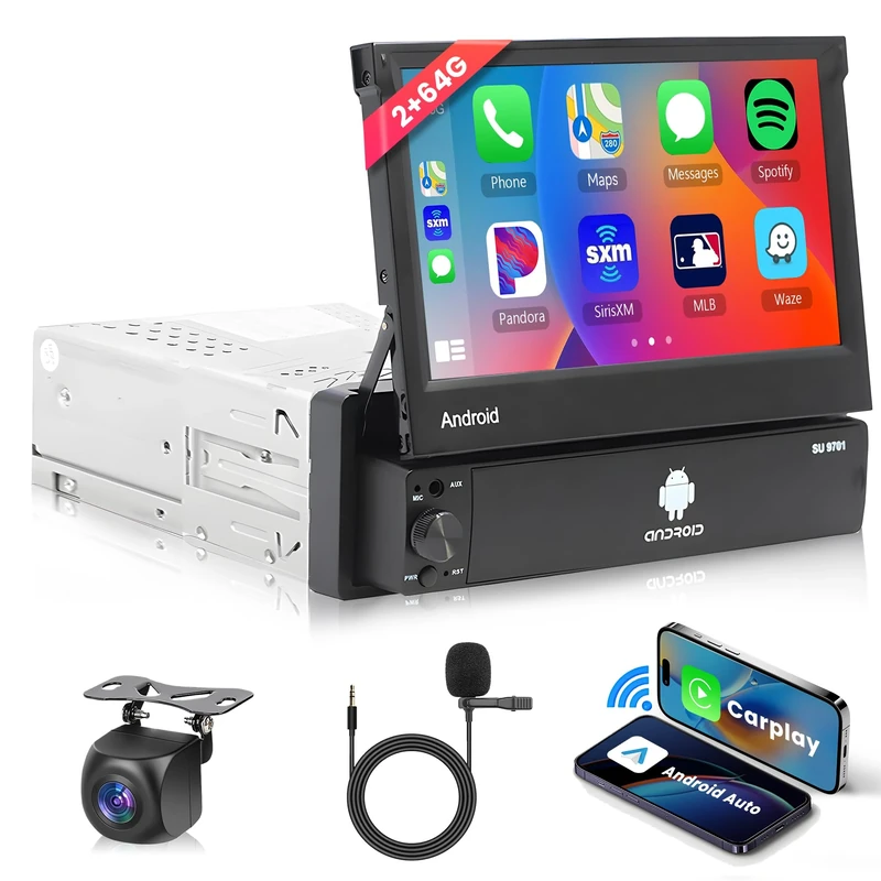 Rimoody 2G+64G Android Single Din Car Stereo with Wireless Carplay Android Auto 1 DIN 7 Inch Flip Out Touch Screen Bluetooth Car Radio GPS WiFi FM RDS Radio Mirror Link Backup Camera