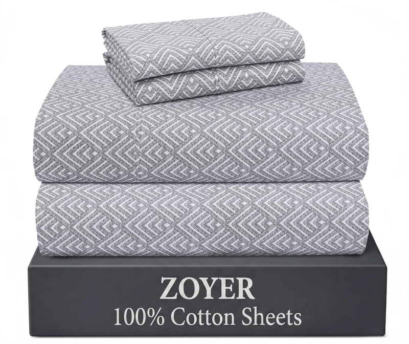 ZOYER 100% Cotton Sheets – King Size Percale Bedding, Cooling & Breathable, Durable with a Crisp, Soft & Comfortable Feel, 16" Deep Pocket, 4-Piece Set, Diamond Box