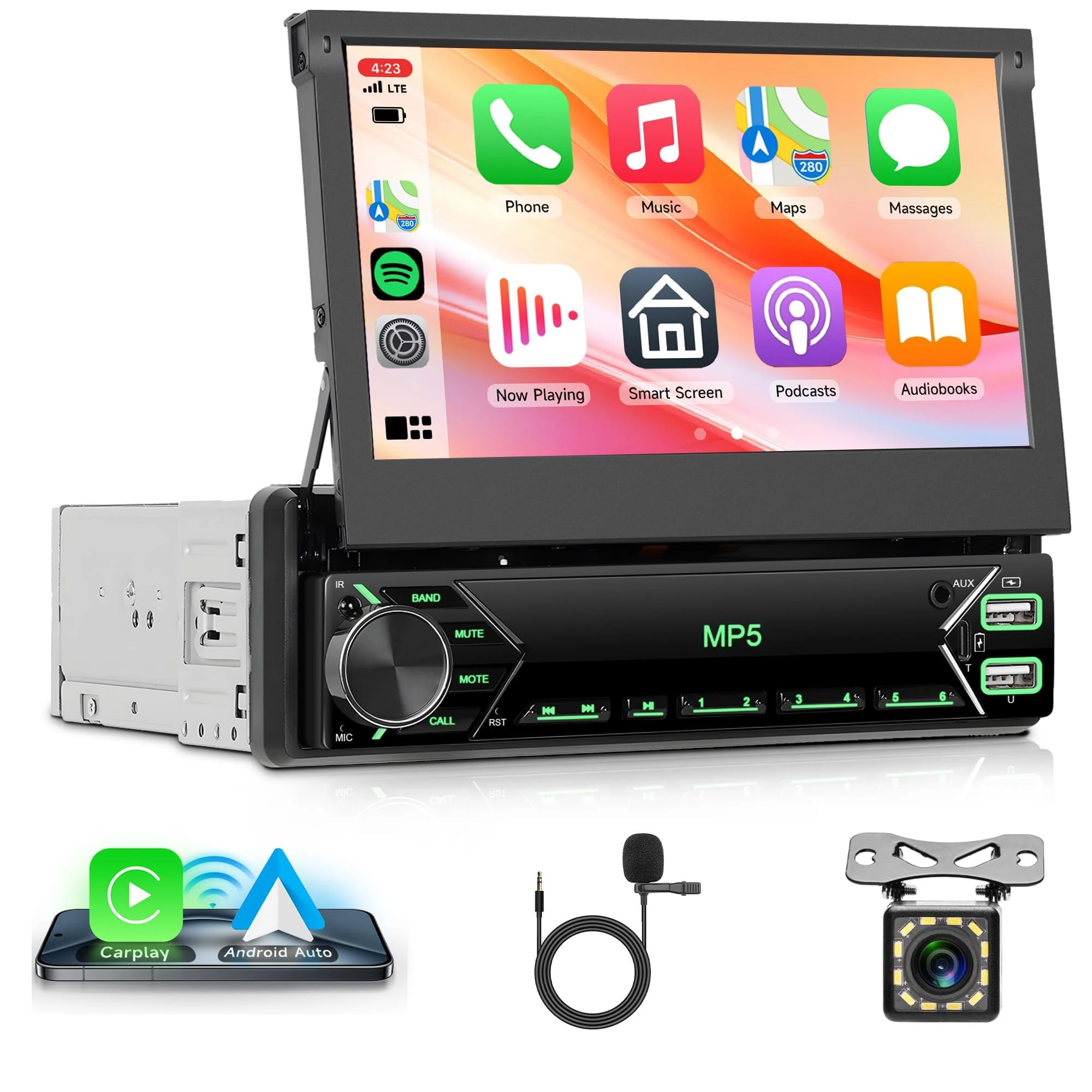 Rimoody 7'' Flip Out Touch Screen Single Din Car Stereo Wireless CarPlay, Car Radio 1 Din with Android Auto Bluetooth FM Radio TF/USB/AUX + Rear View Camera