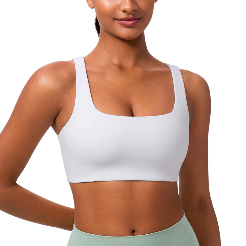 CRZ YOGA Womens Butterlift V-Shaped Racerback Sports Bras - Square Neck Double Lined Sports Bra Wireless Workout Yoga Bra White 10
