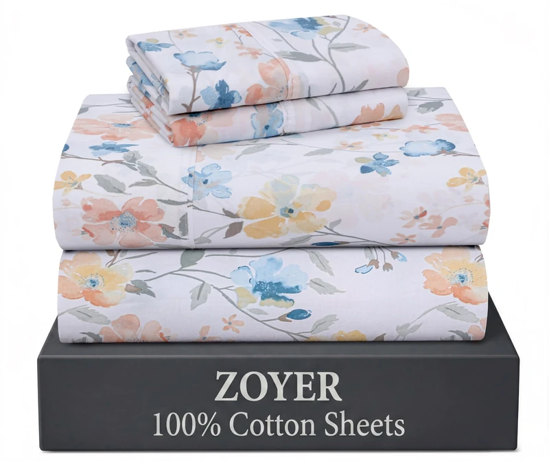 ZOYER 100% Cotton Sheets – King Size Percale Bedding, Cooling & Breathable, Durable with a Crisp, Soft & Comfortable Feel, 16" Deep Pocket, 4-Piece Set, Summer Spring