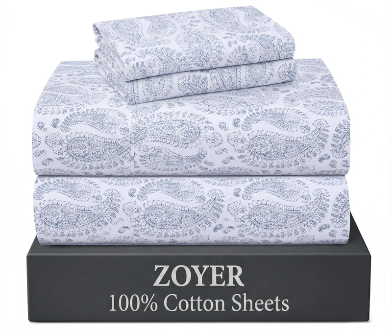 ZOYER 100% Cotton Sheets - Cooling & Crisp Percale Sheets King Size, 16" Deep Pockets Bed Set, Lightweight & Breathable, Durable, 4 Pieces, Paisley Imprint