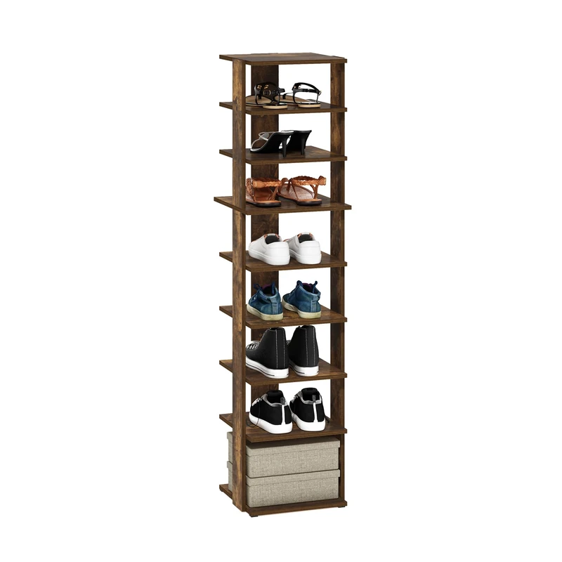 Furinno COMPACT Shoe Rack, 9-Tier Shoe Organizer, Free Standing Shoe Storage with Vertical Space Saving Shoe Tower, 12.1 x 12.6 x 51.2, for Closet Entryway, Office, Garage, Amber Pine - Image 1