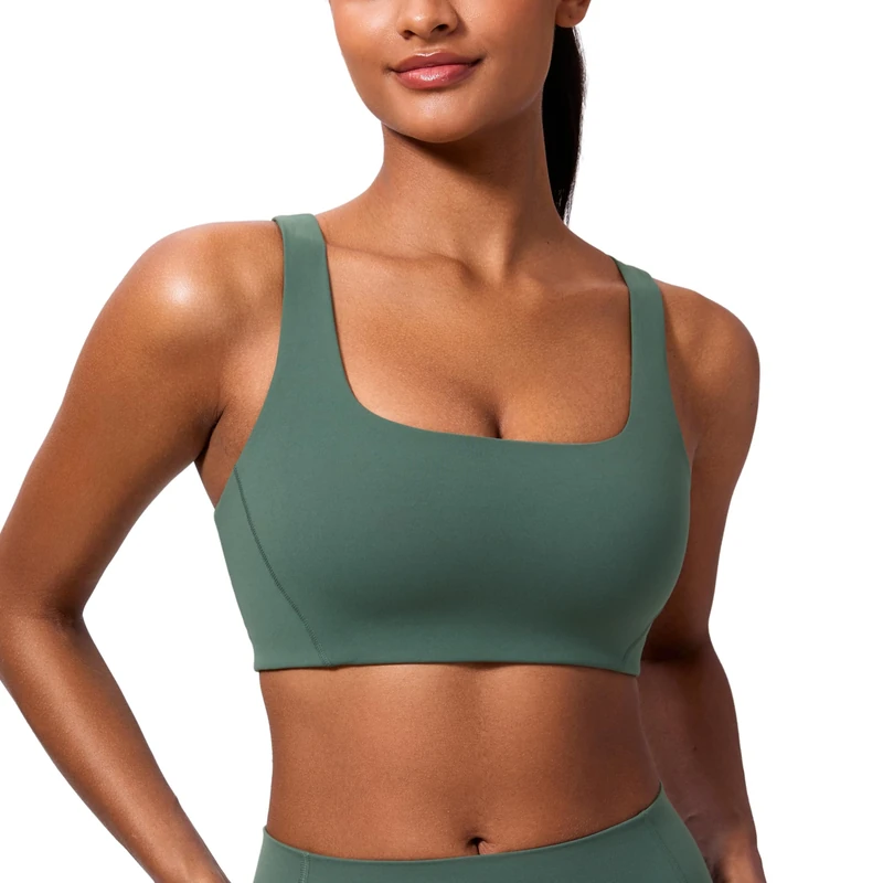 CRZ YOGA Womens Butterlift V-Shaped Racerback Sports Bras - Square Neck Double Lined Sports Bra Wireless Workout Yoga Bra Dark Forest Green 10