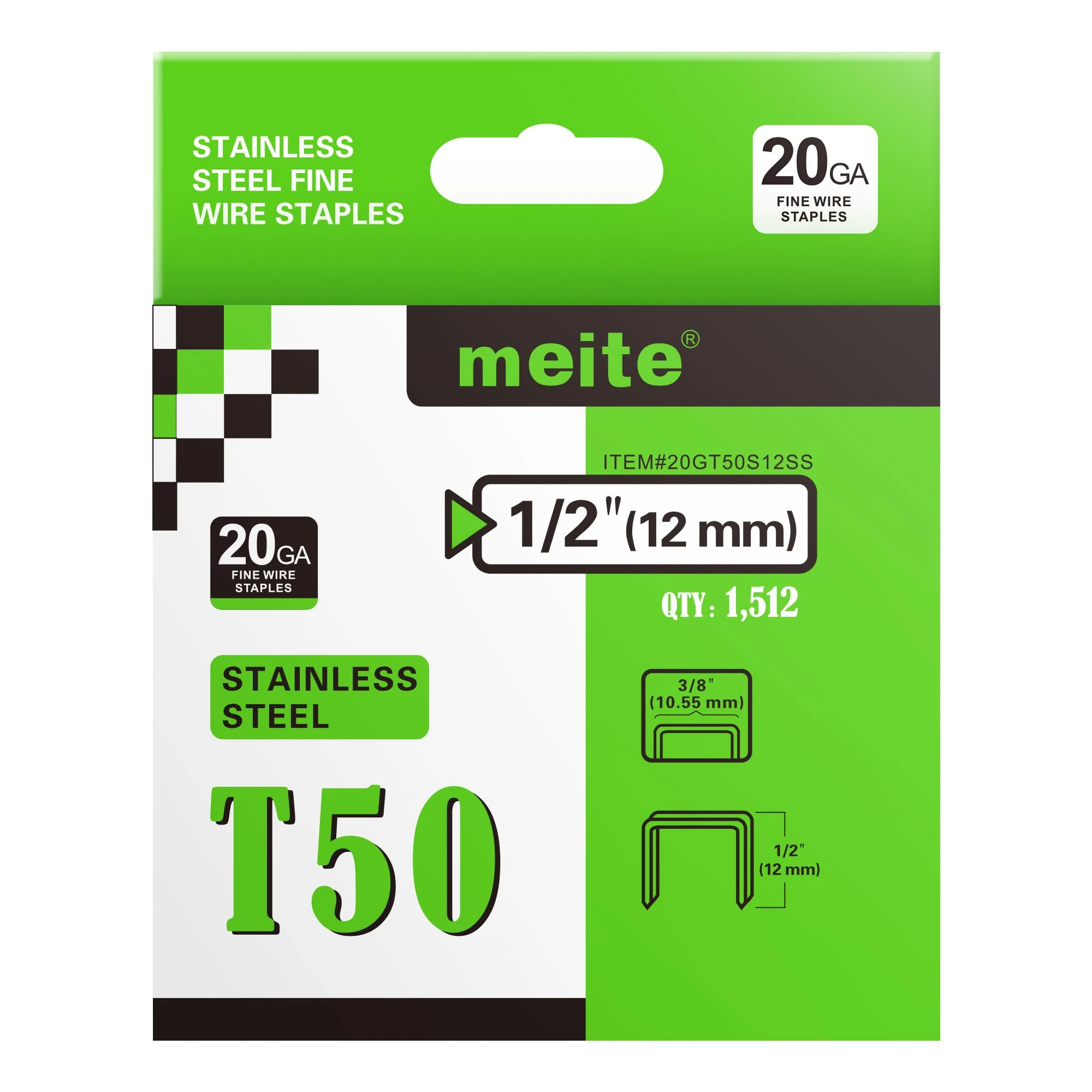 meite T50 Stainless Steel Staples Marine, Type 140/12 mm Heavy Duty Staples for Staple Gun - 1512 Counts, 20 Gauge 10.5 mm Crown T50 Upholstery Staple for Salt Water, Marine Applications