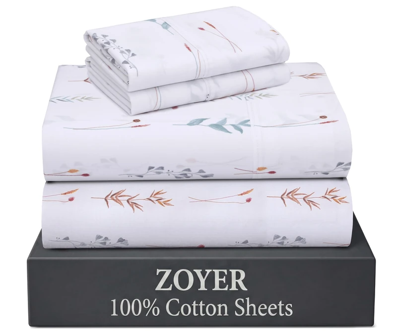 ZOYER 100% Cotton Percale Sheets Queen – Cooling Breathable Bed Sheets for Hot Sleepers, Crisp Hotel Style Bedding, Deep Pocket 16”, Lightweight Soft Durable 4 Pcs Sheet Set, Fairy Meadows