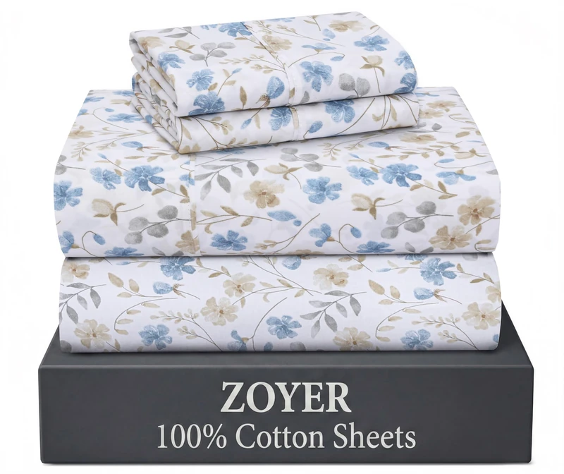 ZOYER 100% Cotton Sheets – California King Percale Bedding, Cooling & Breathable, Durable with a Crisp, Soft & Comfortable Feel, 14" Deep Pocket, 4-Piece Set, Country Coast