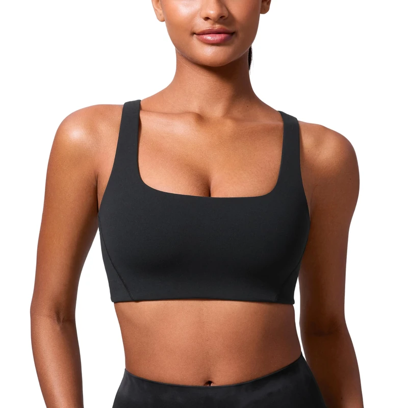 CRZ YOGA Womens Butterlift V-Shaped Racerback Sports Bras - Square Neck Double Lined Sports Bra Wireless Workout Yoga Bra Black 10