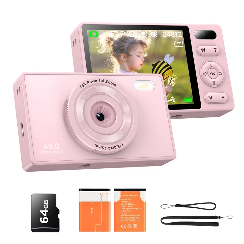 64GB Digital Camera for Kids: 48MP Anti-Shake Vlogging Camera - 16X Zoom, Photo Filtration, Continuous Shooting, Self-Timer, Compact Design